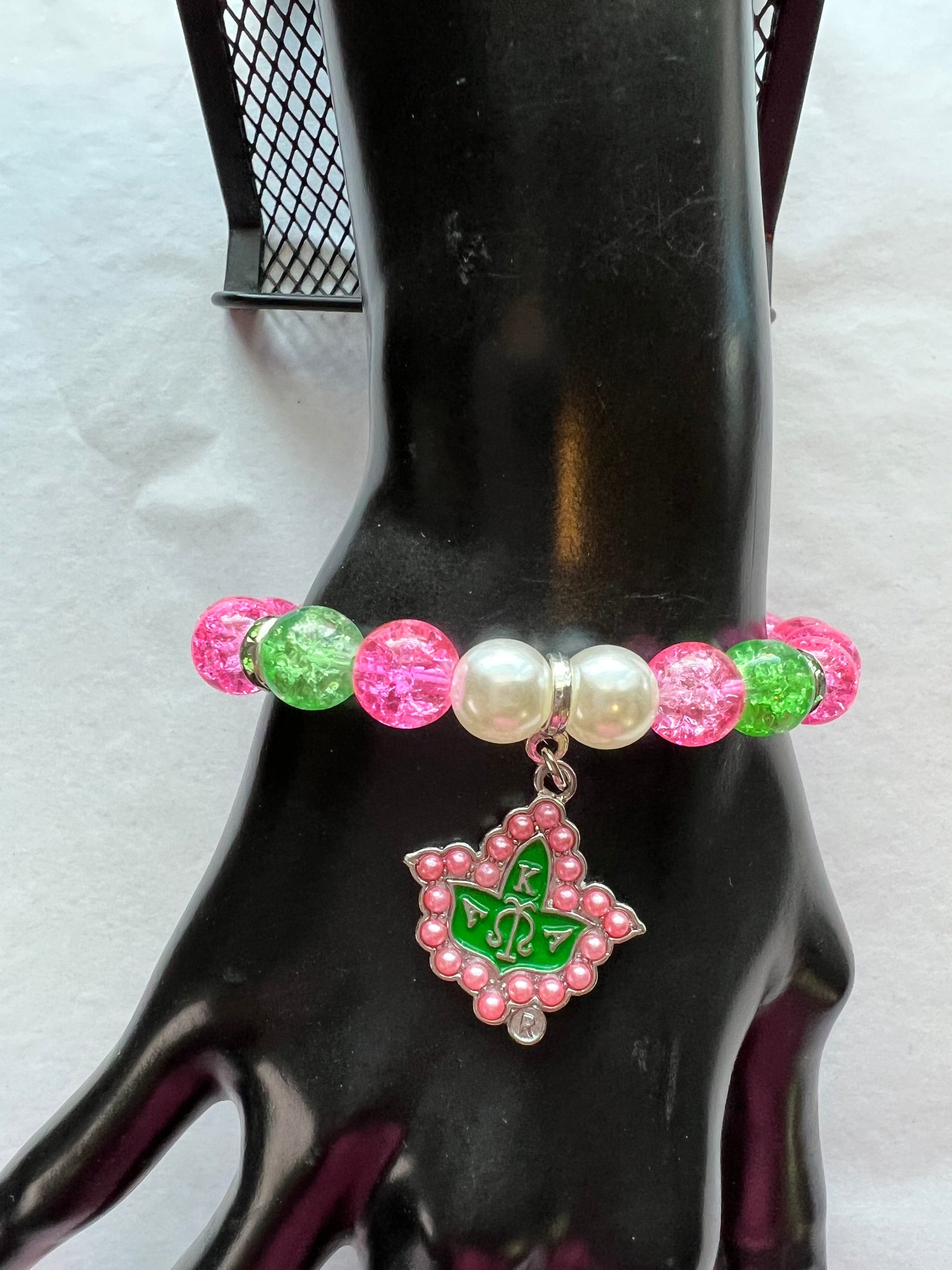 Alpha Kappa Alpha Beaded Bling Charm Bracelet Pink Pearl