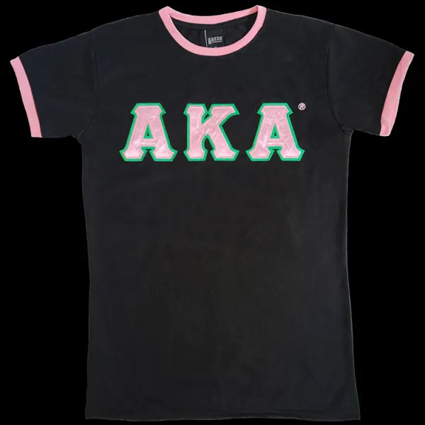 Alpha Kappa Alpha Classic Satin Letter Ringer T-shirt Black - Apparel & Accessories