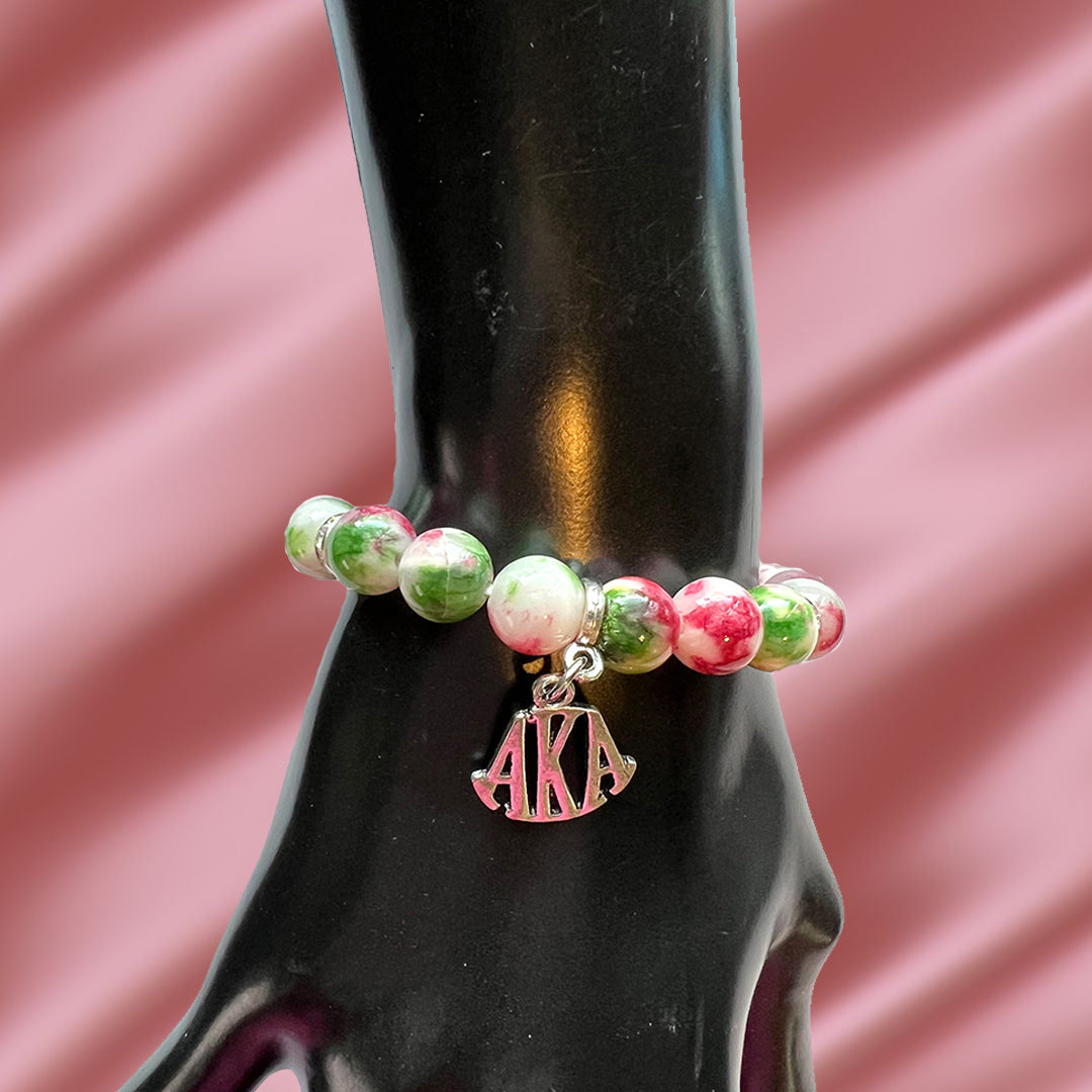 Alpha Kappa Alpha Natural Agate Beaded Monogram Charm Bracelet