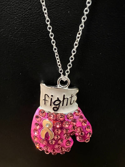 Breast Cancer Awareness Fight Bling Pink Boxing Glove Necklace - Necklaces