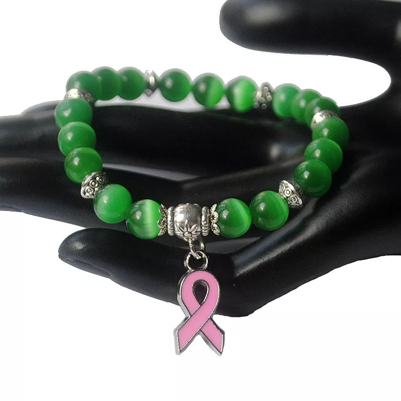 Breast Cancer Awareness Natural Tiger Eye Stone Bracelet Green - Breast Cancer Bracelet