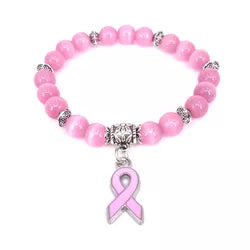 Breast Cancer Awareness Natural Tiger Eye Stone Bracelet Pink - Breast Cancer Bracelet